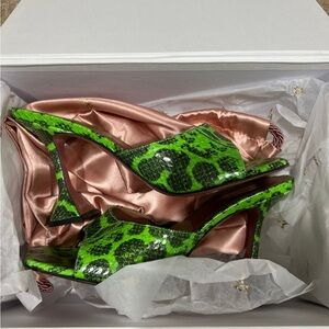 Amina Muaddi Green Snake Print Women's Heels
